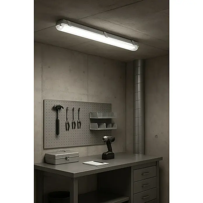 Eglo Plafón para pared y techo Eco Tube-E 2 - L x An x Al: 67,5 x 5,6 x 5,3 cm - Un taller con una larga y brillante luz de techo LED, herramientas en la pared y un banco de trabajo.