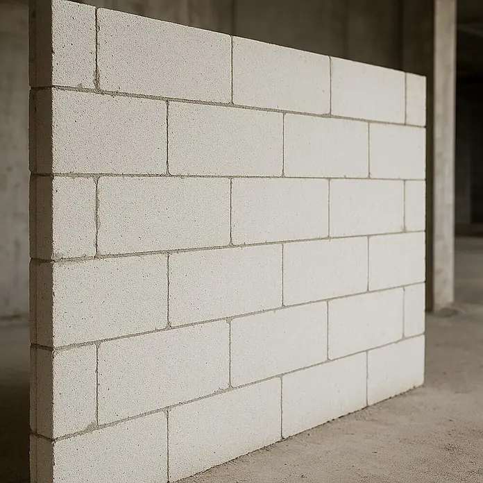 Bloque de hormigón poroso Ytong para tabiques - L x An x Al: 62,5 x 7 x 50 cm - Primer plano de una pared hecha de bloques de hormigón celular, ideales para proyectos de construcción. Su color claro y textura la hacen versátil.