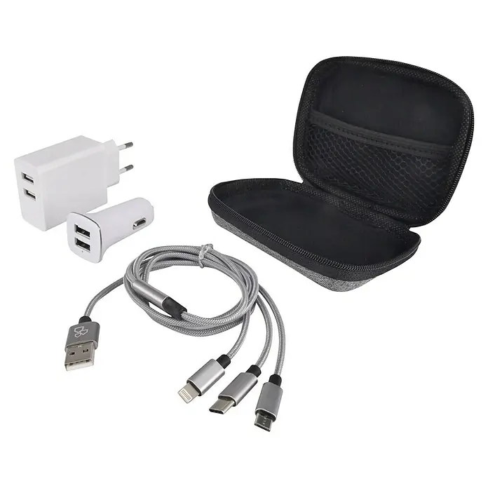 BAUHAUS USB-Reisestecker Set - USB A-Stecker, USB C-Stecker, USB Micro-Stecker, Lightning-Stecker - Ladegerät-Set mit einem USB-Wandladegerät, einem USB-Autoladegerät, einem 3-in-1-USB-Kabel und einer Aufbewahrungstasche.