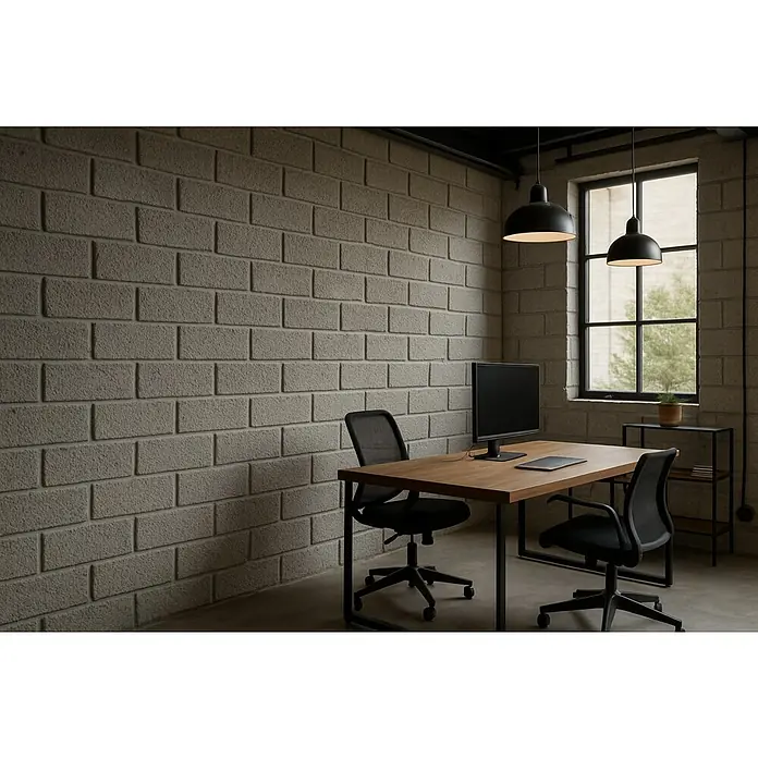 BHS Madrid Bloque de hormigón poroso caravista - 40 x 20 x 20 cm, Gris, Hormigón - Espacio de oficina con escritorio, sillas y lámparas contra una pared de ladrillos. El foco está en el escritorio con material de oficina y diseño moderno.