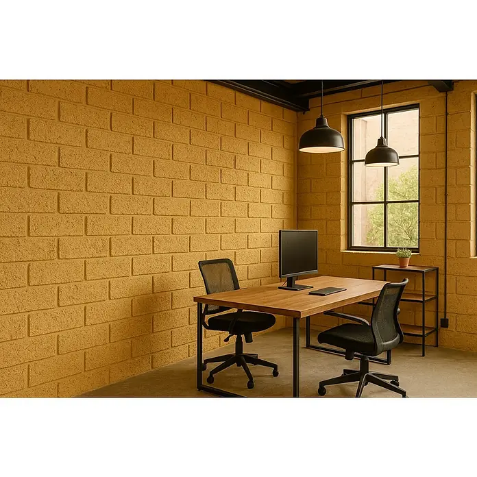 BHS Madrid Bloque de hormigón poroso caravista - 40 x 20 x 20 cm, Albero, Hormigón - Interior de oficina con escritorio, sillas y lámpara frente a pared de ladrillos.