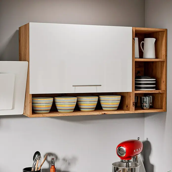 Respekta Cocina esquinera Hilde - Ancho: 280 cm, Blanco, Mate, Efecto madera, Con electrodomésticos - Armario de cocina con puerta blanca y estantes de madera, cuencos coloridos debajo. Perfecto para cocinas modernas.