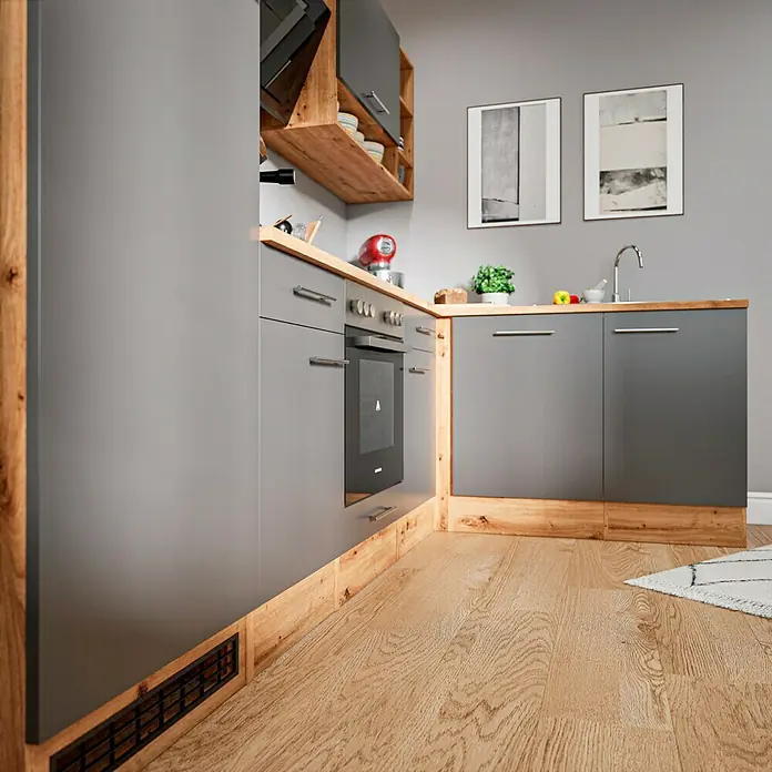 Respekta Cocina esquinera Hilde - Ancho: 280 cm, Gris, Mate, Efecto madera, Con electrodomésticos - Esta imagen muestra una cocina moderna con armarios grises y detalles de madera, creando un ambiente de espacio elegante y funcional.