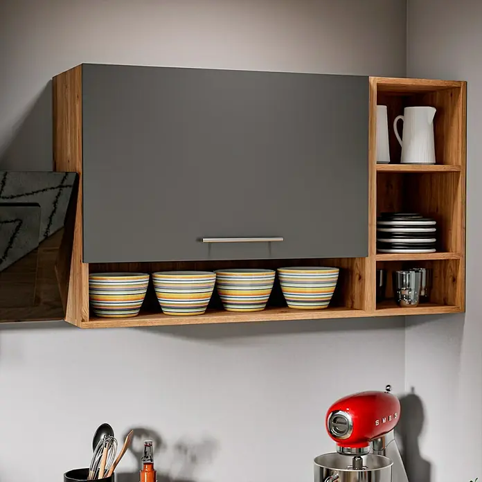 Respekta Cocina esquinera Hilde - Ancho: 310 cm, Gris, Efecto madera, Con electrodomésticos - Armario alto de cocina gris con estantes de madera. Cocina equipada para un interior moderno y funcional.