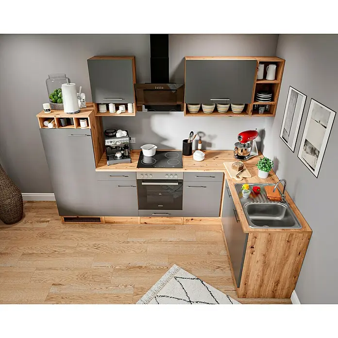 Respekta Cocina esquinera Hilde - Ancho: 280 cm, Gris, Mate, Efecto madera, Con electrodomésticos - Esta imagen presenta una cocina moderna en tonos grises y de madera, completa con electrodomésticos de alta calidad y elementos elegantes.