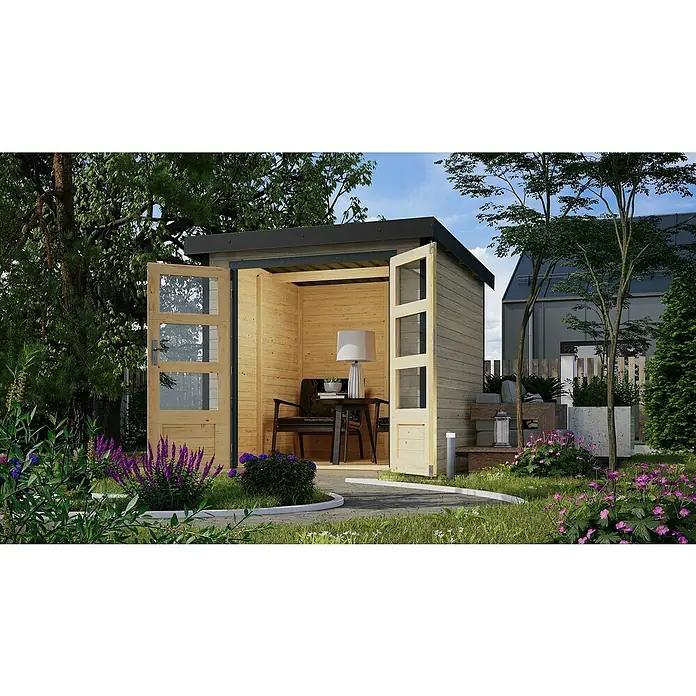 Karibu Gartenhaus Jupiter 2 D - Außenmaß inkl. Dachüberstand (B x T): 228,5 x 235 cm, Holz, Wassergrau/Anthrazit - Einladender Gartenblick mit einem modernen Holzgartenhaus, dessen offene Tür einen Blick auf ein gemütliches Interieur mit Lampe und Sessel freigibt.