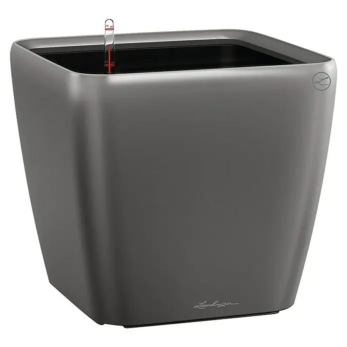 Lechuza Pflanzkasten Quadro Premium - Außenmaß (L x B x H): 43 x 43 x 39 cm, Kunststoff, Anthrazit - Nahaufnahme eines grauen Lechuza Pflanzgefäßes mit Wasserstandsanzeiger, das modernes Design und Funktionalität für Zimmerpflanzen vereint.