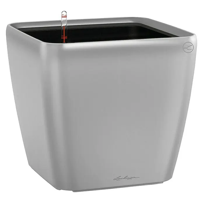 Lechuza Pflanzkasten Quadro Premium - Außenmaß (L x B x H): 43 x 43 x 39 cm, Kunststoff, Silber - Nahaufnahme eines grauen Lechuza Pflanzgefäßes mit Wasserstandsanzeige.