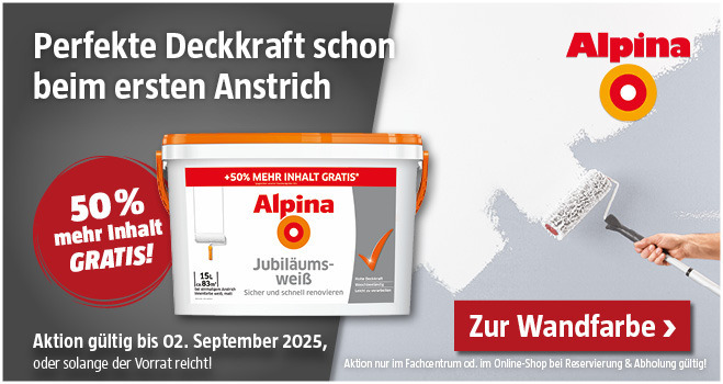 Aktion Alpina Jubiläumsweiß mit 50 % mehr Inhalt, bis 02.09.2025 gültig