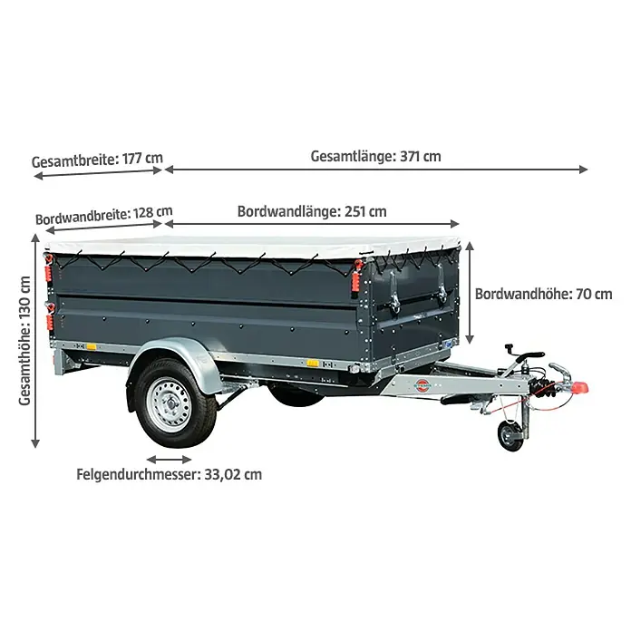Stema Anhänger Basic ST 1300-25-13.1 - Nutzlast: 982 kg, Einachser, Kasteninnenmaß: 251 x 128 x 35 cm, Gebremst - Abbildung eines grauen Anhängers mit Abmessungsangaben wie Gesamtbreite, Bordwandlänge und Felgendurchmesser.