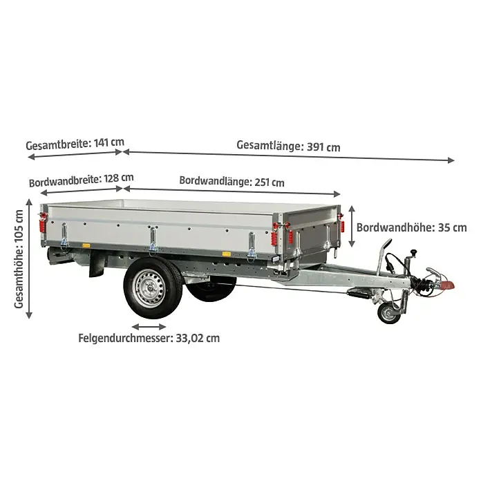 Stema Anhänger BASIC SH 1300-25-13.1Nutzlast: 1.064 kg, Einachser, Kasteninnenmaß: 251 x 128 x 35 cm, Gebremst - Abbildung eines Anhängers mit Maßangaben zu Gesamtlänge, -breite und -höhe sowie Bordwand- und Felgendurchmesser.