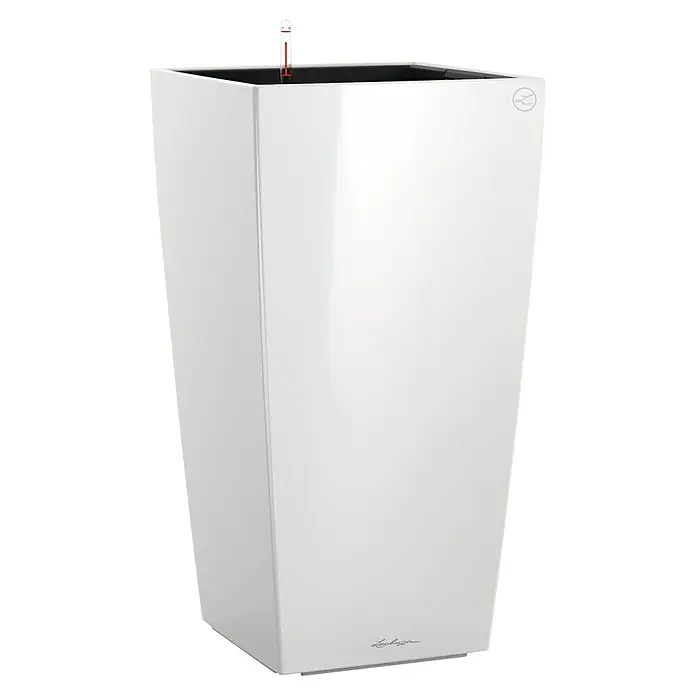 Lechuza Pflanzsäule eckig Premium - Außenmaß (L x B x H): 50 x 50 x 95 cm, Kunststoff, Weiß, Hochglänzend - Ein weißer LECHUZA Pflanzkübel mit einem Wasserstandsanzeiger oben. Der Pflanzkübel ist schlank und modern designt.