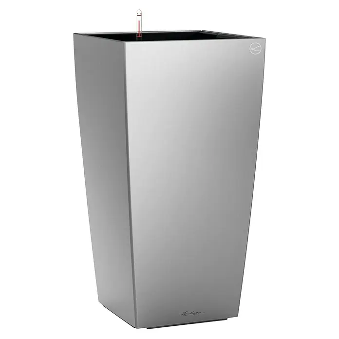 Lechuza Pflanzsäule eckig Premium - Außenmaß (L x B x H): 29,5 x 29,5 x 56,5 cm, Kunststoff, Silber Metall - Ein grauer Pflanzkübel mit einem Wasserstandsanzeiger oben, ideal für Zimmerpflanzen. Der Kübel hat ein modernes, trapezförmiges Design.