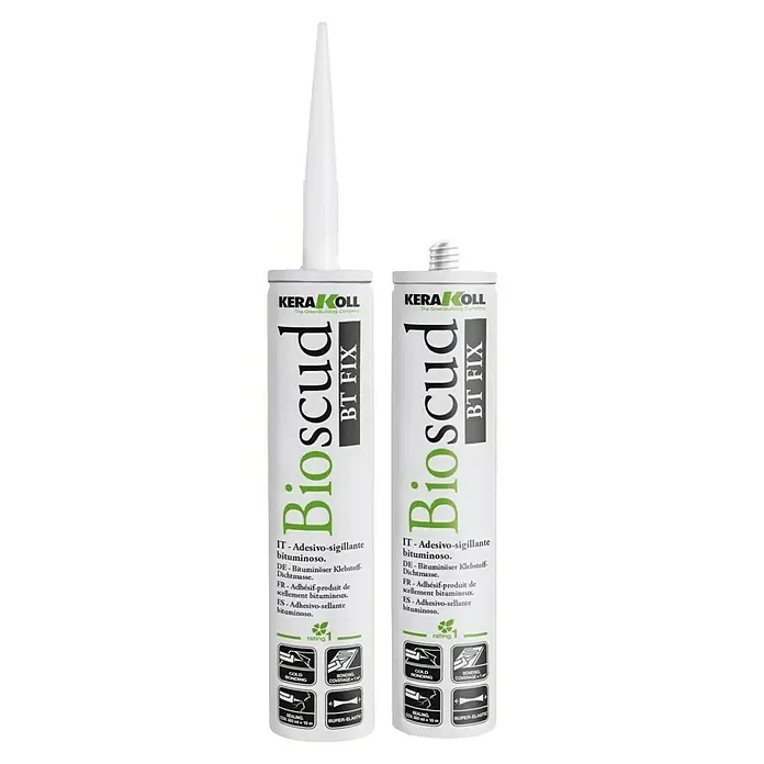 Kerakoll Adhesivo sellador Bioscud BT FIX - 0,3 l - Dos cartuchos de sellador Kerakoll Bioscud BT Fix, un adhesivo sellador a base de betún para diversas aplicaciones de construcción.