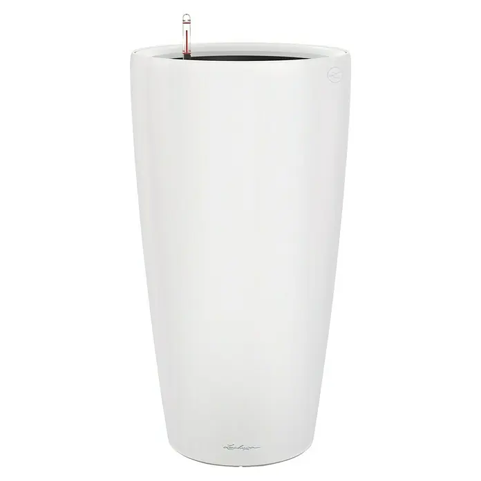 Lechuza Pflanzsäule rund Rondo Premium - Außenmaß (Ø x H): 32,5 x 56,5 cm, Kunststoff, Weiß Matt - Nahaufnahme eines weißen Lechuza Classico Premium Pflanzgefäßes mit Füllstandsanzeige, ideal für Zimmerpflanzen und stilvolle Dekoration.