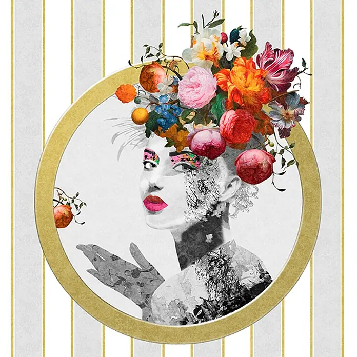 Glööckler Pompöös Provence Fototapete - Weiß/Grau/Rot, Streifen, L x B: 270 x 159 cm - Elegantes Wandbild mit floralem Frauenmotiv, umrahmt von Gold und Streifen. Stilvolle Dekoration für ein modernes Ambiente.