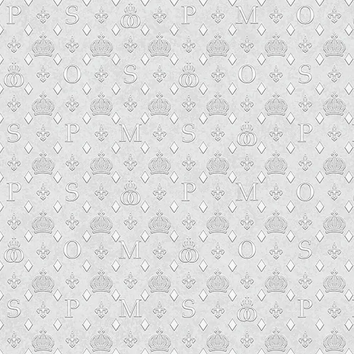 Glööckler Pompöös Provence Vliestapete - Grau, Grafisch, 10,05 x 0,53 m - Elegantes, nahtloses Muster mit Kronen, Buchstaben und Diamanten in einem subtilen, weißen Design für vielseitige Anwendungen.