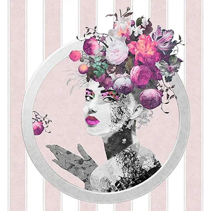Glööckler Pompöös Provence Fototapete - Weiß/Rosa/Grau, Streifen, L x B: 270 x 159 cm - Elegante Frau mit Blumenkrone vor rosa gestreiftem Hintergrund. Ausdrucksstarkes und künstlerisches Wandbild.
