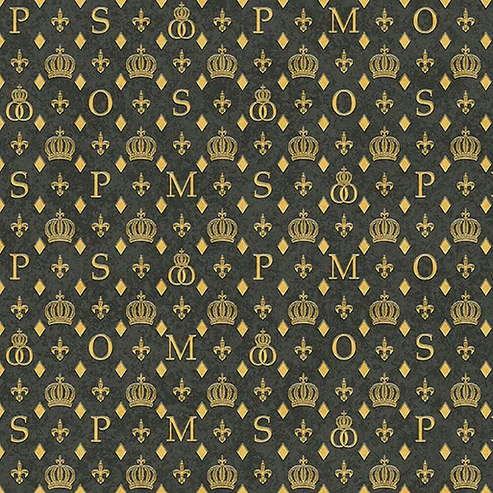 Glööckler Pompöös Provence Vliestapete - Schwarz/Gold, Grafisch, 10,05 x 0,53 m - Elegantes Muster mit goldenen Kronen, Lilien, Rauten und Buchstaben auf dunklem Grund, ideal für stilvolle Designs.