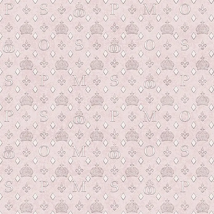 Glööckler Pompöös Provence Vliestapete - Rosa, Grafisch, 10,05 x 0,53 m - Zartrosa Muster-Tapete mit Kronen, Diamanten und Buchstaben für ein königliches Ambiente.