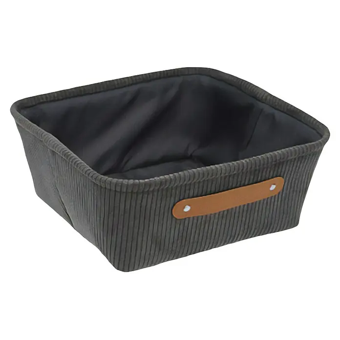 Versa Cesta de tela Corduroy - L x An x Al: 32 x 32 x 13,5 cm, Gris oscuro - Cesta de almacenamiento de pana con asas marrones y forro oscuro para una organización elegante de artículos.