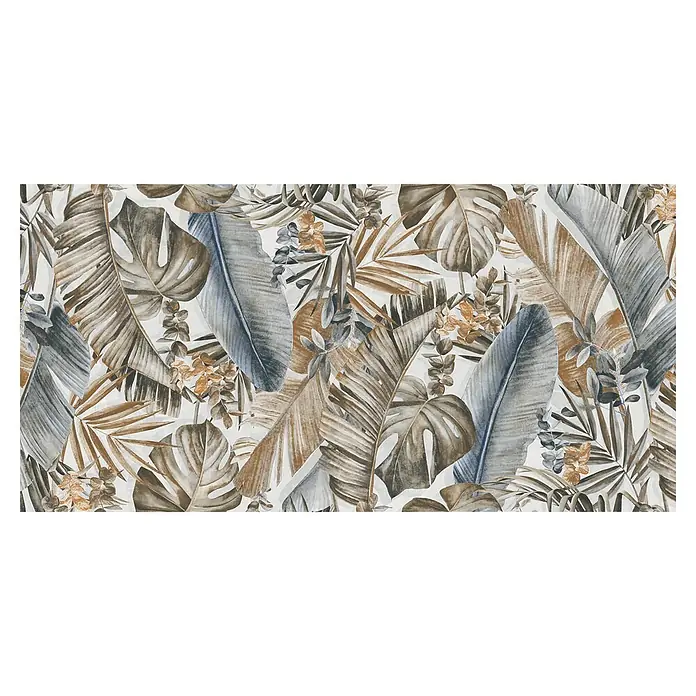 Wandfliese Savana Dekor - 30 x 60 cm, Savana Dekor, Matt - Abstraktes tropisches Tapetenmuster. Große Blätter in Braun- und Grautönen mit dezenten Blumen auf hellem Hintergrund.
