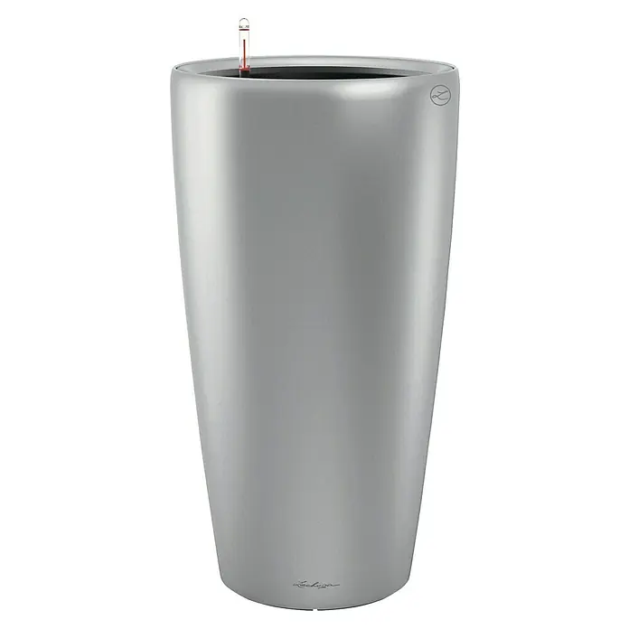 Lechuza Pflanzsäule rund Rondo Premium - Außenmaß (Ø x H): 32,5 x 56,5 cm, Kunststoff, Silber Metallic - Silberner Pflanzkübel im modernen Design mit Wasserstandsanzeiger und dem Lechuza Logo für den Innen- und Außenbereich.