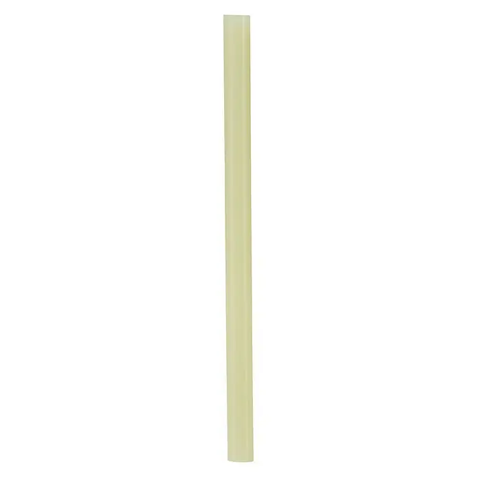 Rapid Klebepatronen - 48 Stk., Passend für: Klebepistolen Ø 12 mm, Materialeignung: Holz - Ein einzelner, beiger Klebestift, ideal für Bastelarbeiten und Reparaturen, liegt auf einem weißen Untergrund.