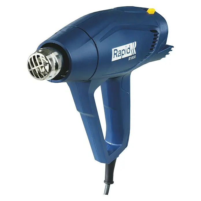 Rapid Pistola de aire caliente R1800 - 1.800 W, Rango de temperaturas: 300 °C - 550 °C - Primer plano de una pistola de calor azul Rapid R1800 con boquilla plateada y botón amarillo, ideal para proyectos de bricolaje.
