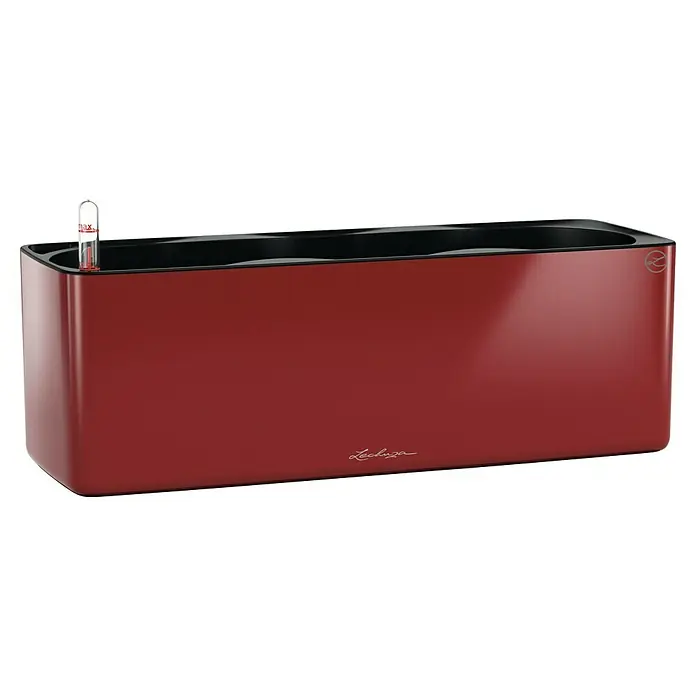 Lechuza Kräuterkasten Cube Glossy Triple - Außenmaß (L x B x H): 40 x 14 x 13,5 cm, Kunststoff, Rot, Hochglänzend - Lechuza Pflanzkasten in Rubinrot mit schwarzem Einsatz und Wasserstandsanzeiger, ideal für stilvolle Innenraumbegrünung und einfache Pflanzenpflege.