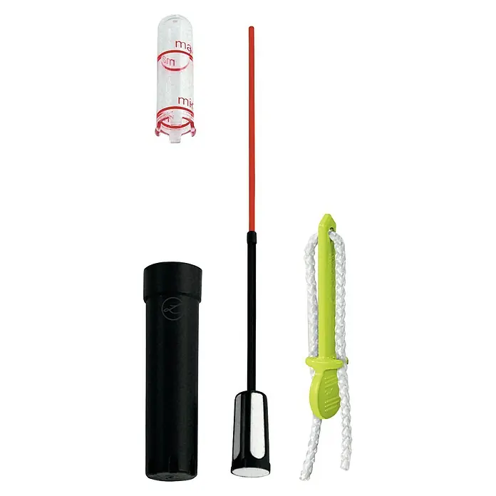 Lechuza Wasserstandsanzeiger - Kunststoff, Passend für: Cube 16 - Das Bild zeigt eine Mascara mit Bürste, einen Seilzug-Griff und ein transparentes Gefäß mit roter Markierung.
