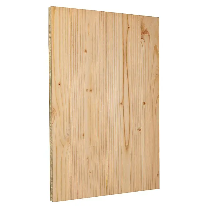 elka 3-Schichtplatte Vita - Douglasie, 2.500 x 1.015 x 19 mm - Nahaufnahme einer hellen Holzplatte mit feiner Maserung und kleinen Astlöchern, ideal für Möbelbau und Innenausbau.