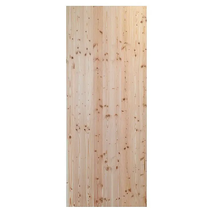 elka 3-Schichtplatte Vita - Douglasie, 2.500 x 660 x 19 mm - Die detailreiche Nahaufnahme zeigt die natürliche Maserung und Textur einer hellen Kiefernholzplatte mit Astlöchern.