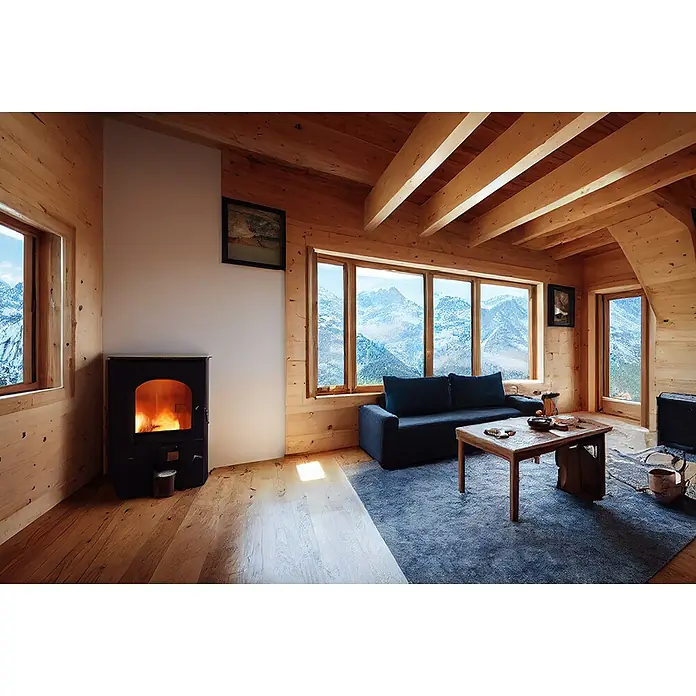 elka 3-Schichtplatte Vita - Douglasie, 2.500 x 660 x 19 mm - Gemütliches Blockhaus-Interieur mit Sofa, Holztisch, Kamin und Bergblick. Warme Farben und natürliche Materialien schaffen eine einladende Atmosphäre.