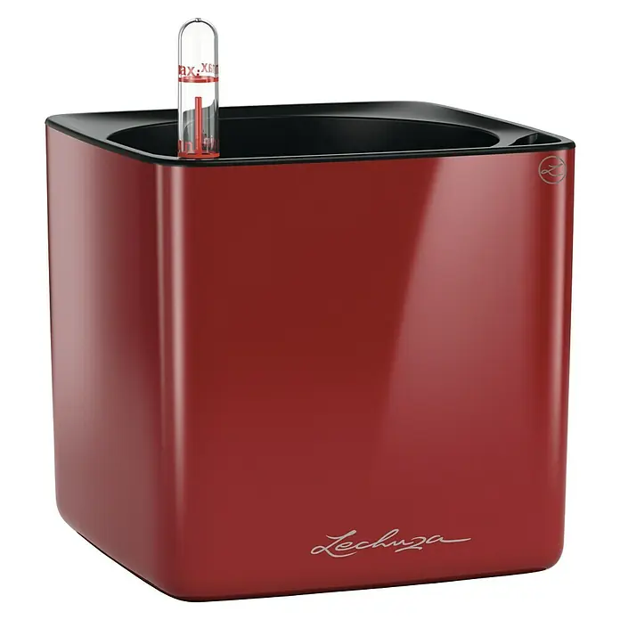 Lechuza Kräuterkasten Cube Glossy - Außenmaß (L x B x H): 17 x 17 x 16 cm, Kunststoff, Rot, Glänzend - Lechuza Classico Premium 21 Pflanzgefäß in Rubinrot mit Wasserstandsanzeiger für einfache Pflanzenpflege.