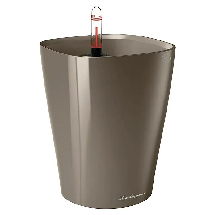 Lechuza Pflanztopf Deltini - Außenmaß (Ø x H): 15 x 19 cm, Kunststoff, Taupe - Ein glänzender, beiger Lechuza Pflanzkübel mit integriertem Wasserstandsanzeiger, ideal für stilvolle Innenraumbegrünung.