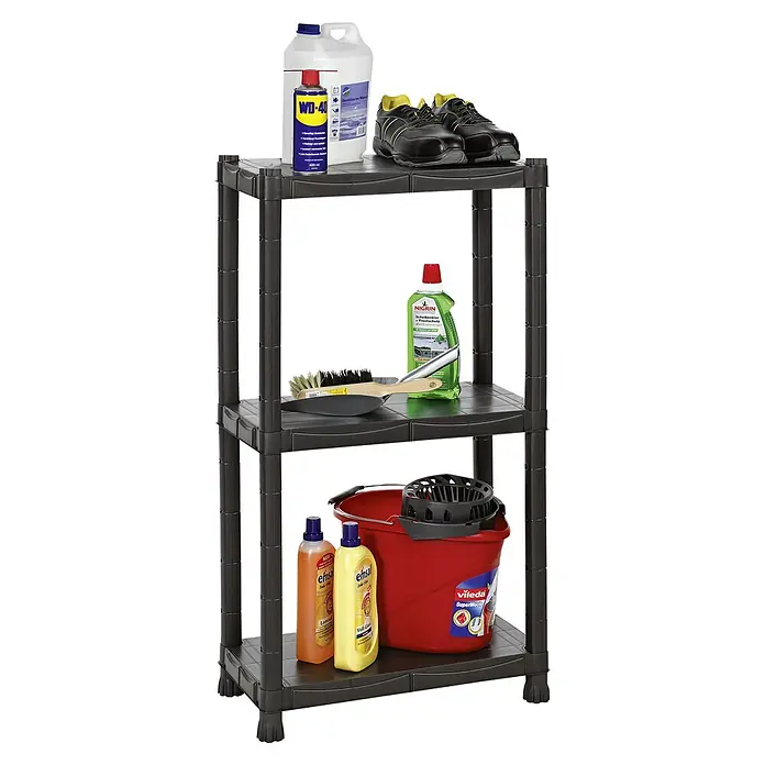 Regalux Kunststoffregal - H x B x T: 100 x 60 x 30 cm, Traglast pro Boden: 25 kg, Anzahl Böden: 3 Stk., Stecken, Schwarz - Produktfoto eines schwarzen Kunststoffregals mit Reinigungs- und Wartungsprodukten auf verschiedenen Ebenen.