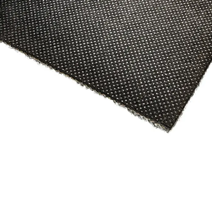 Teppichfliese Rapido - Schlinge, 100% Polypropylen, Anthrazit - Detailaufnahme eines schwarzen Teppichs mit quadratischem Muster, der eine interessante Textur und ein stilvolles Design aufweist.