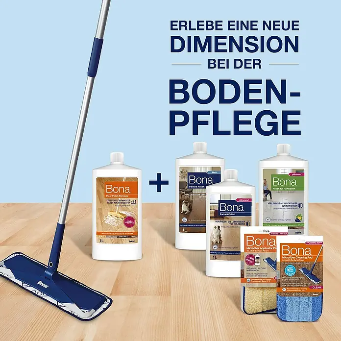Bona Polish-Entferner Floor Polish Remover - 1 l, Flasche - Produkt-Collage von Bona Bodenpflegeprodukten, inklusive Reiniger, Polituren und Applikationspads für strahlende Böden.