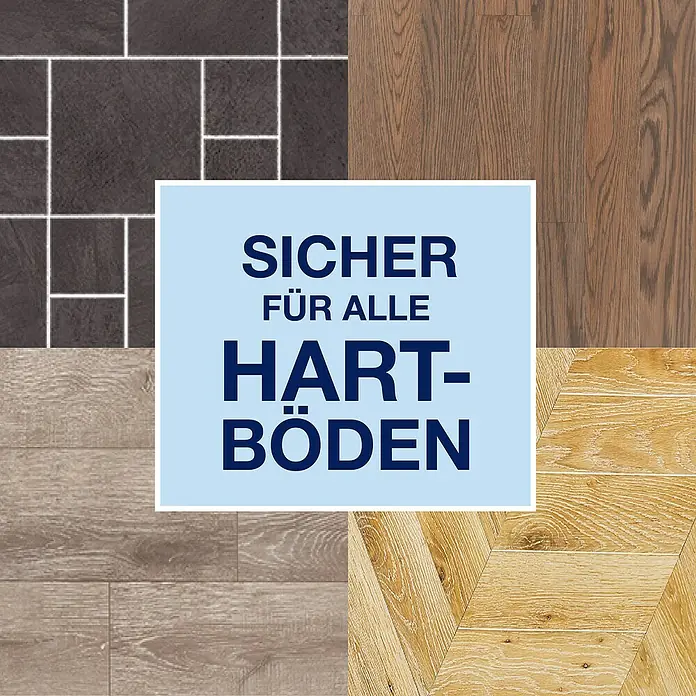Bona Polish-Entferner Floor Polish Remover - 1 l, Flasche - Sichere Hartböden: Bild zeigt eine Collage von verschiedenen Bodenbelägen, darunter Fliesen und Holzböden.