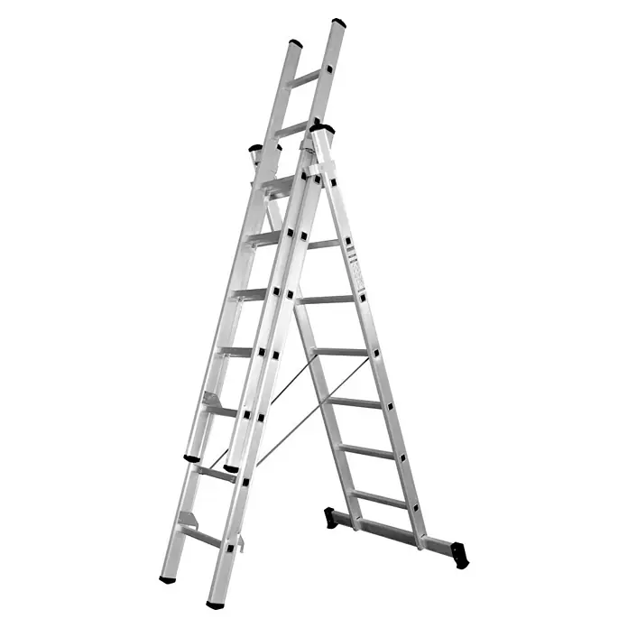 Escalera multiusos L66 - Altura de trabajo: 5,1 m, Número de peldaños: 21 ud., Carga soportada: 150 kg, Aluminio - Imagen de una escalera de aluminio en forma de A, ideal para trabajos de construcción y proyectos de bricolaje. La escalera es robusta y ligera.