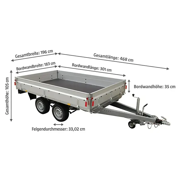 Stema Anhänger BASIC SH 2700-30-18.2 - Nutzlast: 2.220 kg, Doppelachser, Kasteninnenmaß: 301 x 183 x 35 cm, Gebremst - Abbildung eines Tiefladers mit Angabe der Aussenmaße wie Gesamtlänge, Breite und Höhe der Bordwand.