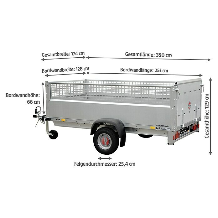 Stema Kippanhänger Rex 25 GitterbordwandNutzlast: 463 kg, Einachser, Kasteninnenmaß: 251 x 128 x 66 cm (inkl. Gitter), Ungebremst Diagonal View