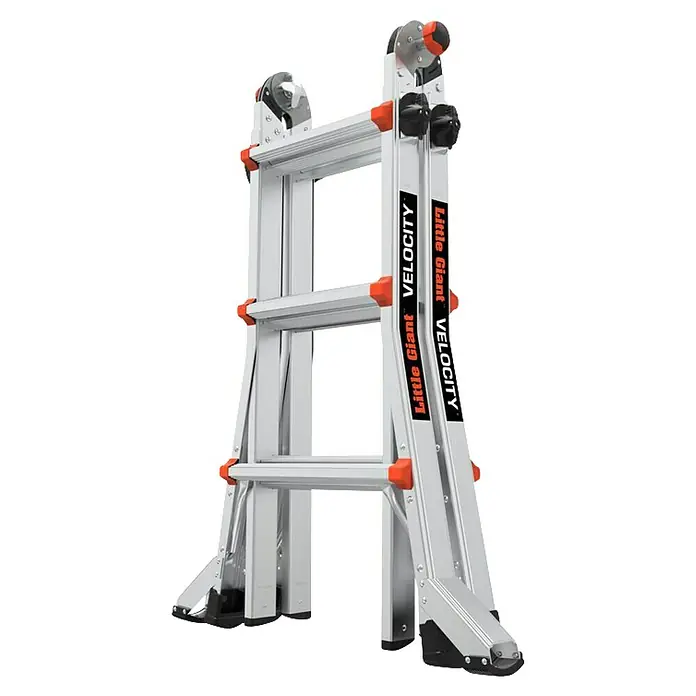 Little Giant Mehrzweckleiter VELOCITY 4X3 - Anzahl Tritte: 12 Stk., Arbeitshöhe: 4,34 m, Aluminium - Nahaufnahme einer Little Giant Velocity Mehrzweckleiter aus Aluminium mit orangefarbenen Akzenten. Sie ist vielseitig für verschiedene Aufgaben geeignet.