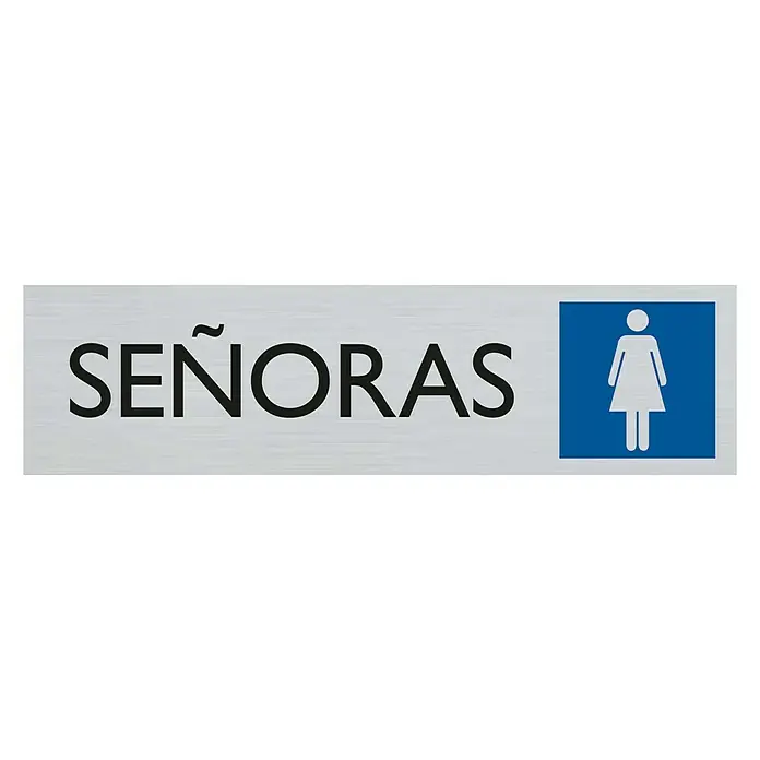 Pickup Rótulo - L x An: 16,5 x 4,4 cm, Señoras - Letrero de baño de mujeres con la palabra "Señoras" y un pictograma de una mujer sobre fondo azul.