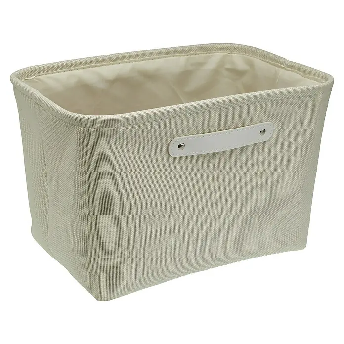 Versa Cesta de tela - L x An x Al: 38 x 26 x 25 cm, Blanco - Cubo de almacenamiento de tela beige con asa y forro claro para un almacenamiento práctico en el hogar.