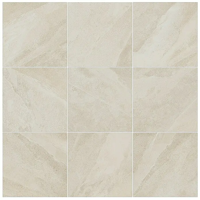 Terrassenfliese Aramis - 32 x 32 cm, Beige, Matt - Nahaufnahme von neun quadratischen, beigefarbenen Keramikfliesen mit marmorierter Oberfläche, die ein modernes und stilvolles Design für Innenräume bieten.