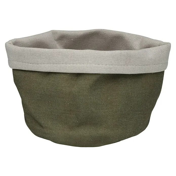 Versa Cesta de tela - L x An x Al: 17 x 14 x 10 cm, Verde oliva - Cesta de tela con exterior verde oliva e interior gris claro, ideal para el almacenamiento y la decoración en el hogar.