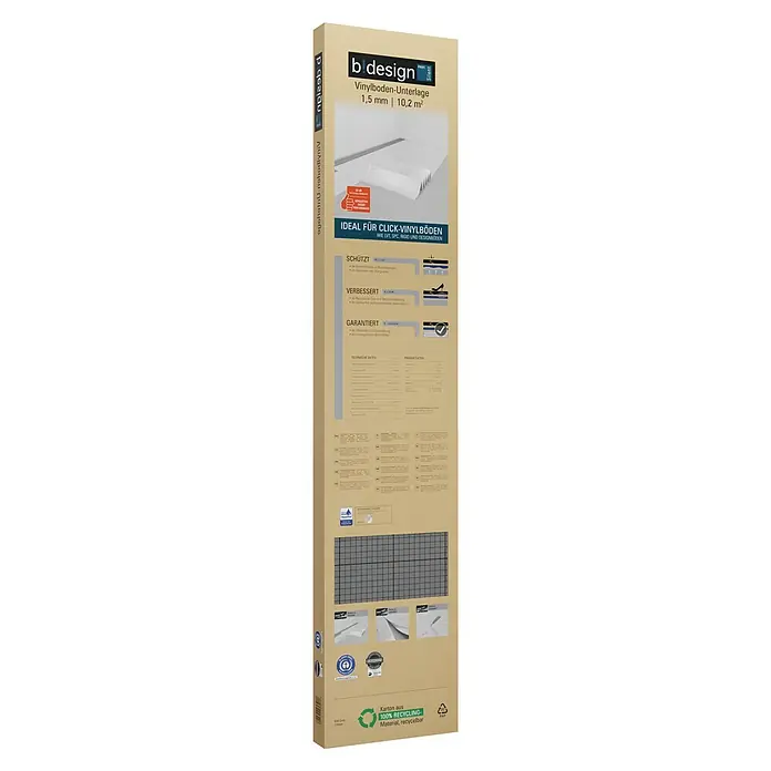 b!design Dämmunterlage Silent Profi Easy Tape - 10,2 m², Stärke: 1,5 mm - Aufnahme eines Kartons B!Design Vinylboden-Unterlage 1,5 mm, die ideal für Click-Vinylböden mit 10,2 m² sind.