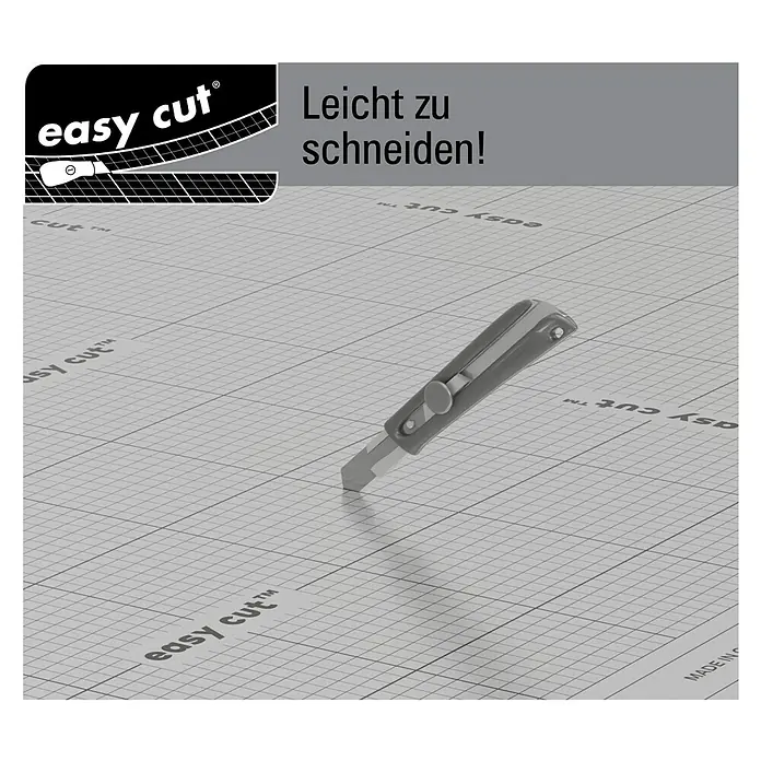 b!design Dämmunterlage Silent Profi Easy Tape - 10,2 m², Stärke: 1,5 mm - Eine Nahaufnahme eines grauen Easy Cut Messers auf einer Schneidematte.